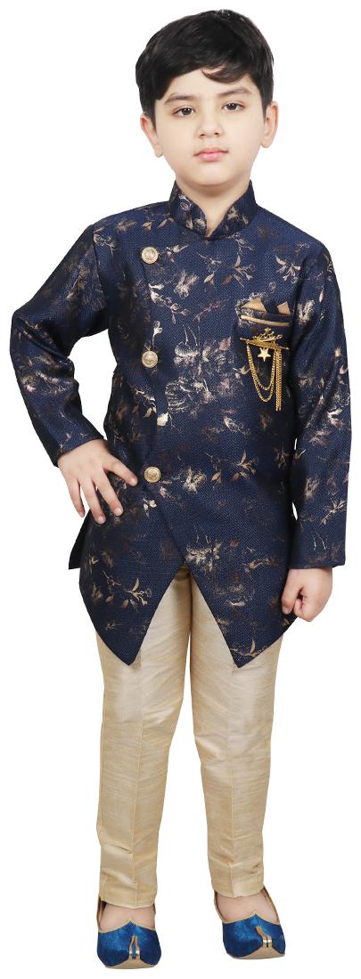

SG YUVRAJ Boy Polyester Printed Sherwani - Blue Gold