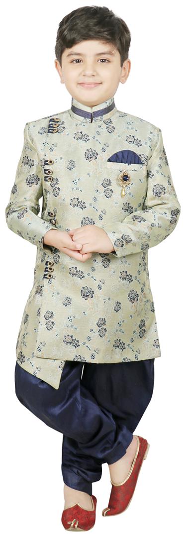 

SG YUVRAJ Boy Art silk Printed Sherwani - Beige Blue