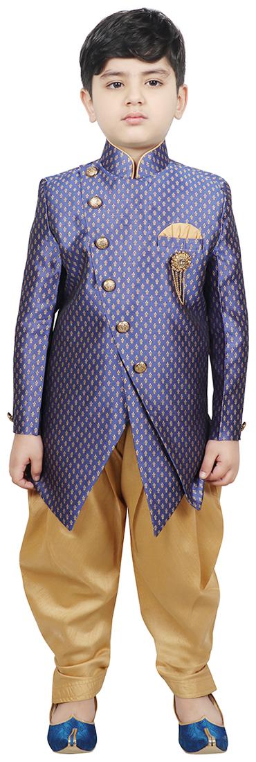 

SG YUVRAJ Boy Raw silk Printed Sherwani - Blue Gold