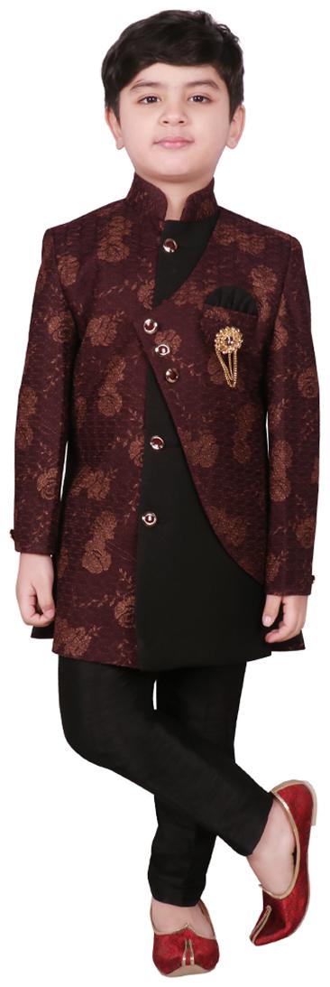 

SG YUVRAJ Boy Cotton blend Floral Sherwani - Brown Black