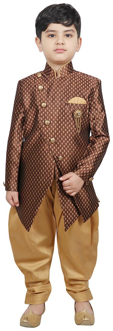 

SG YUVRAJ Boy Raw silk Printed Sherwani - Brown Gold