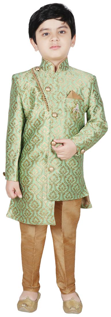 

SG YUVRAJ Boy Brocade Printed Sherwani - Green Gold
