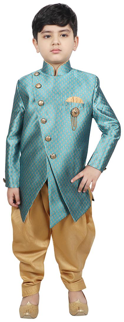 

SG YUVRAJ Boy Raw silk Printed Sherwani - Blue Gold