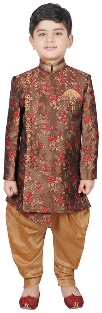 

SG YUVRAJ Boy Art silk Printed Sherwani - Brown Gold