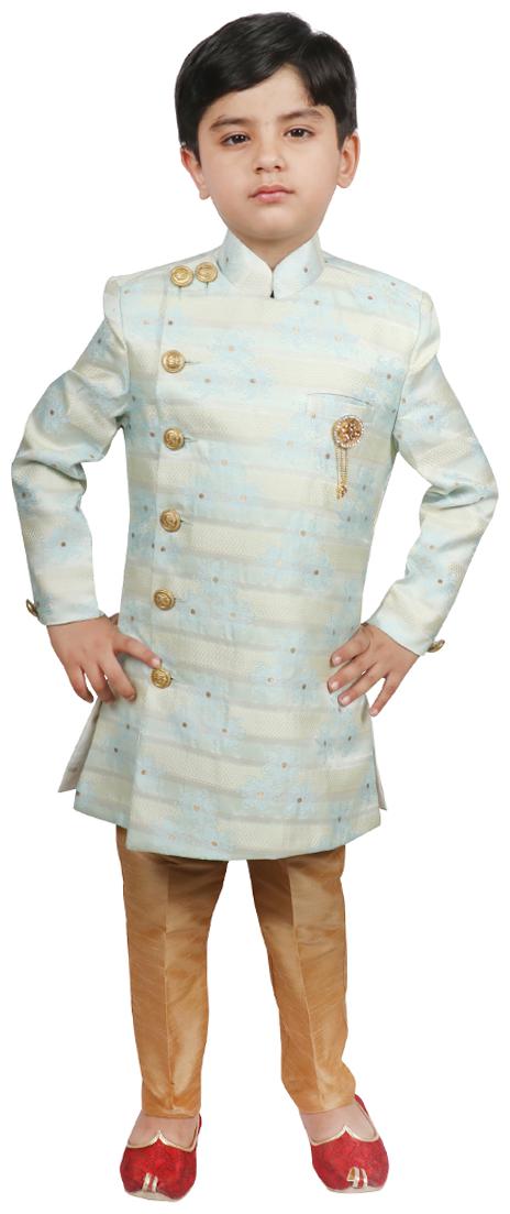 

SG YUVRAJ Boy Cotton Self design Sherwani - Blue Gold