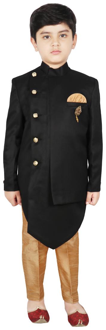 

SG YUVRAJ Boy Art silk Solid Sherwani - Black Gold
