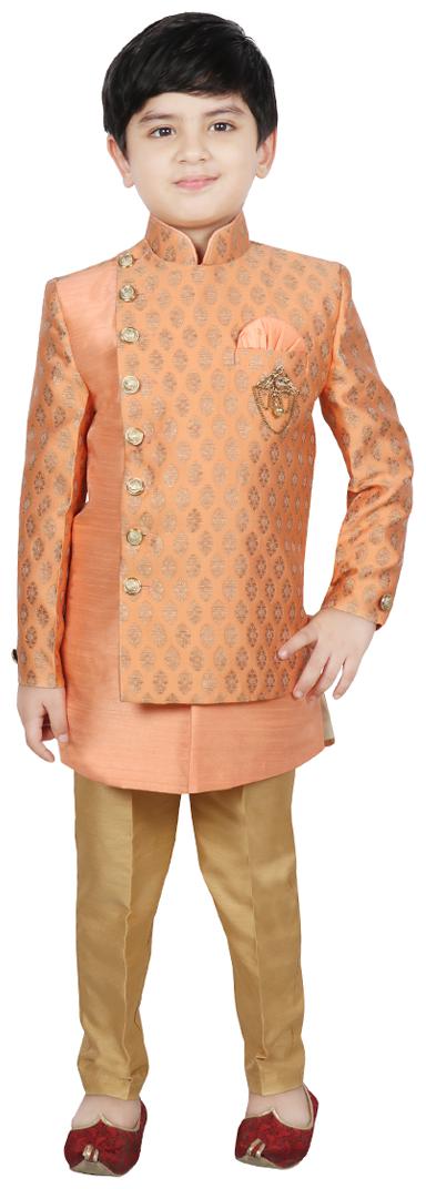 

SG YUVRAJ Boy Raw silk Self design Sherwani - Orange
