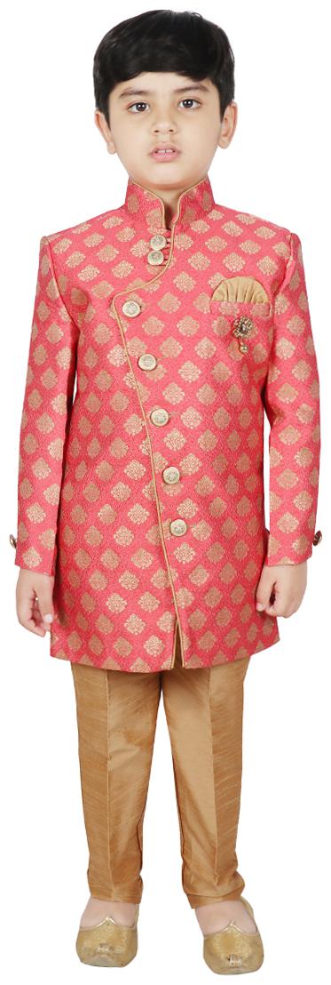 

SG YUVRAJ Boy Art silk Self design Sherwani - Pink Gold