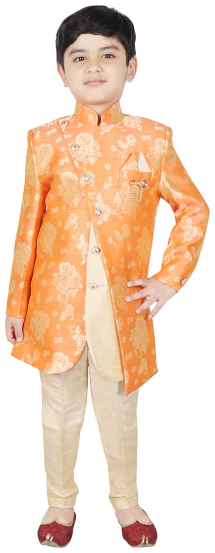 

SG YUVRAJ Boy Art silk Floral Sherwani - Orange Beige