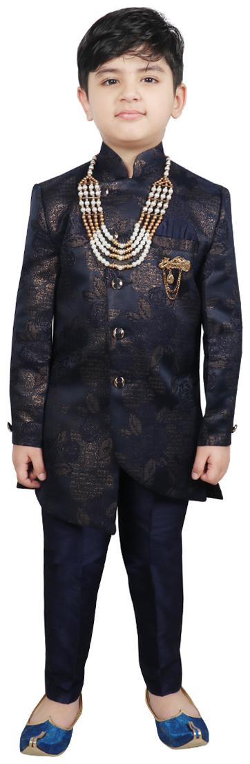 

SG YUVRAJ Boy Raw silk Printed Sherwani - Blue