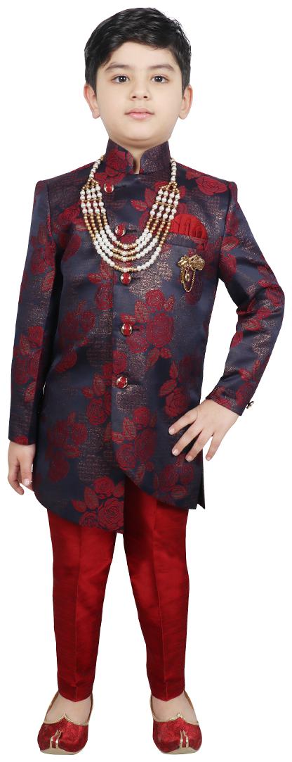 

SG YUVRAJ Boy Raw silk Printed Sherwani - Maroon