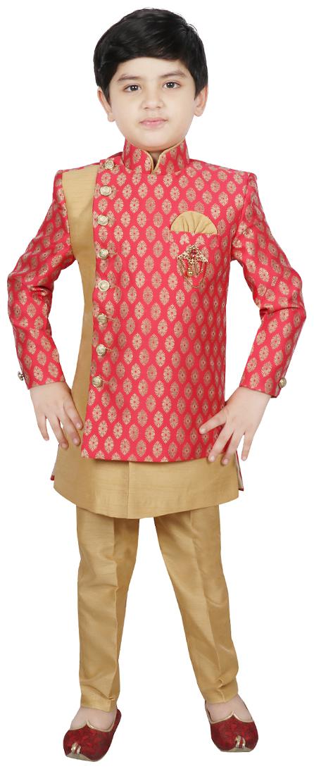 

SG YUVRAJ Boy Raw silk Self design Sherwani - Pink