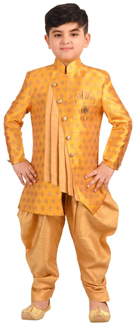 

SG YUVRAJ Boy Art silk Printed Sherwani - Yellow Gold