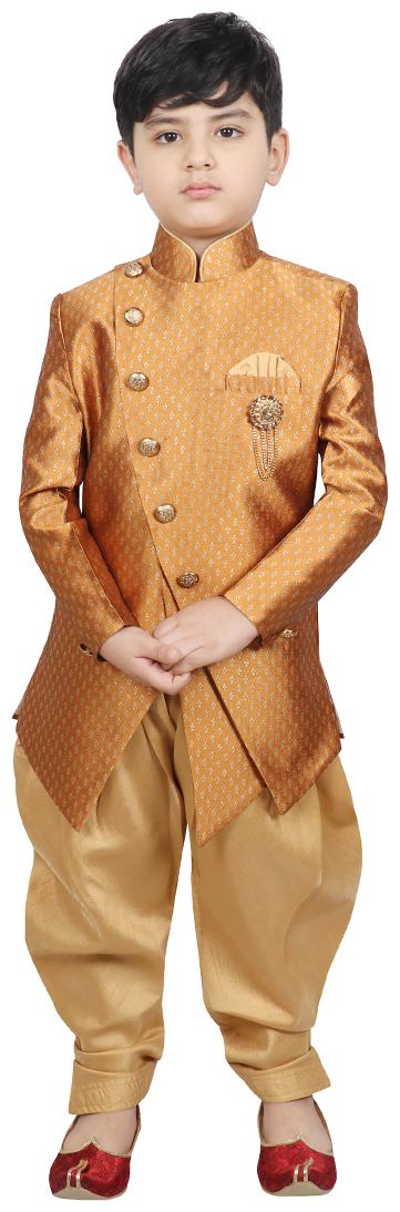 

SG YUVRAJ Boy Raw silk Printed Sherwani - Orange Gold
