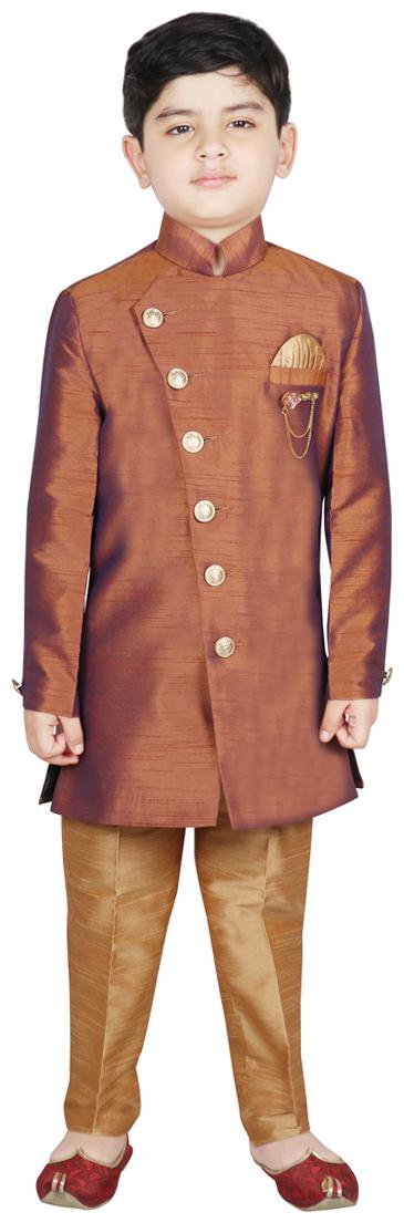 

SG YUVRAJ Boy Art silk Solid Sherwani - Brown
