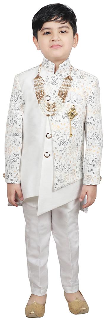 

SG YUVRAJ Boy Rayon Printed Sherwani - White