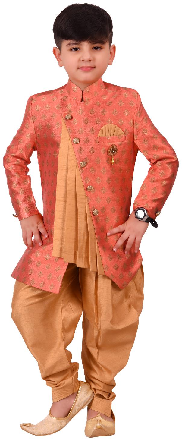 

SG YUVRAJ Boy Art silk Printed Sherwani - Pink Gold