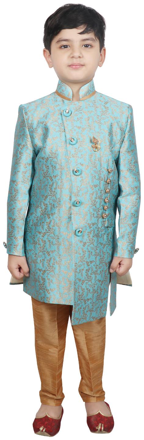 

SG YUVRAJ Boy Polyester Solid Sherwani - Blue Gold