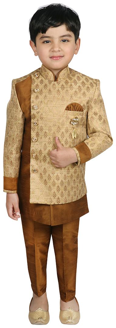 

SGYUVRAJ Boy Brocade Self design Sherwani - Beige
