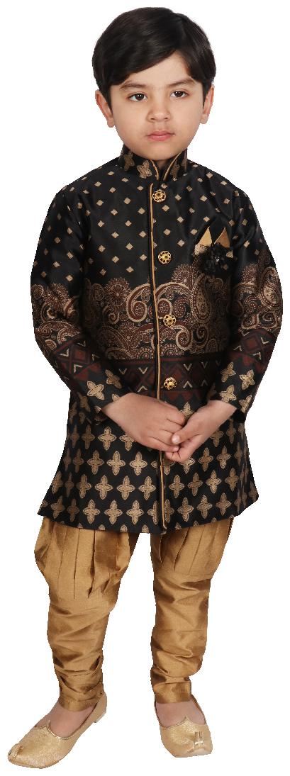 

SGYUVRAJ Boy Raw silk Printed Sherwani - Black