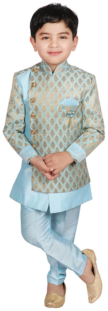 

SGYUVRAJ Boy Brocade Self design Sherwani - Blue