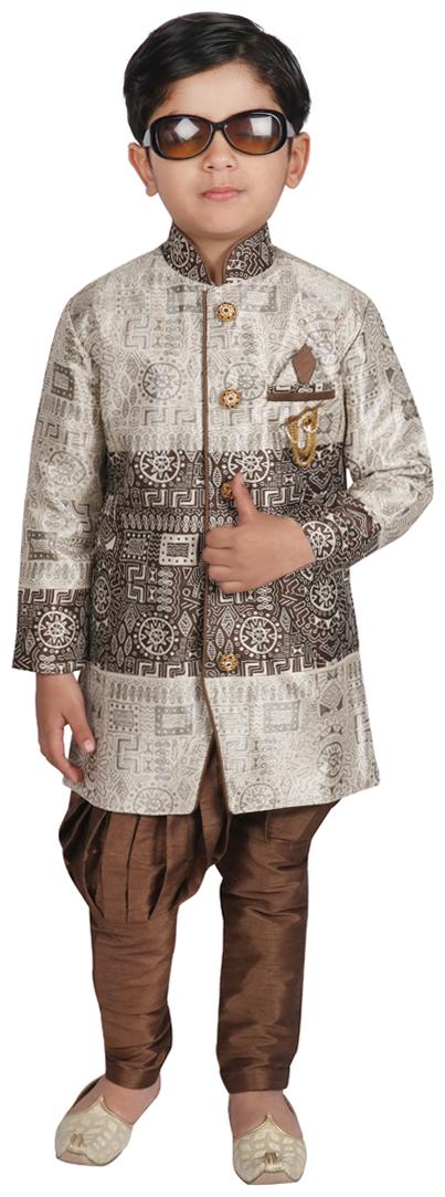 

SGYUVRAJ Boy Raw silk Printed Sherwani - Brown