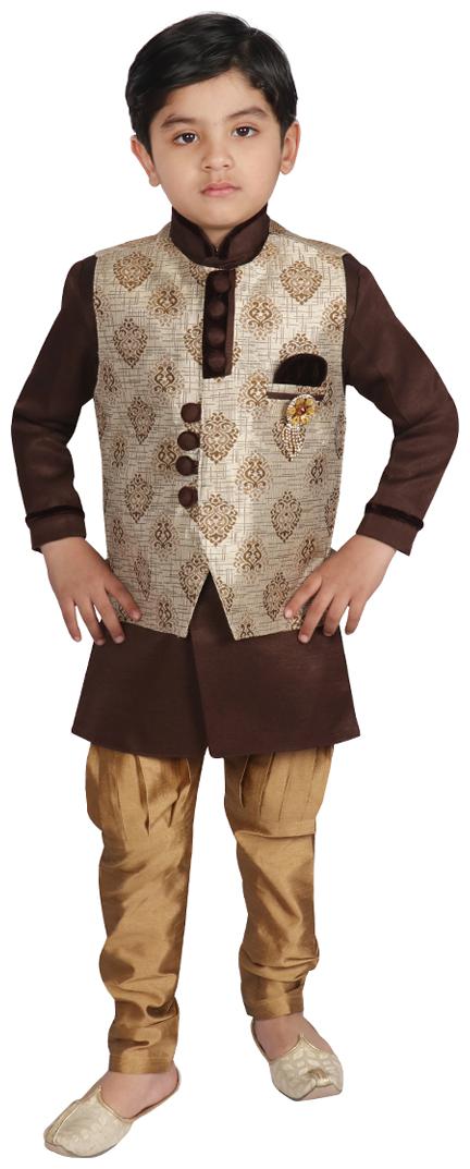

SGYUVRAJ Boy Raw silk Printed Kurta pyjama set - Brown