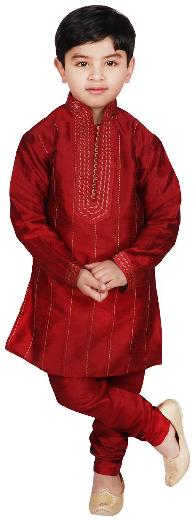 

SGYUVRAJ Boy Raw silk Self design Kurta pyjama set - Maroon
