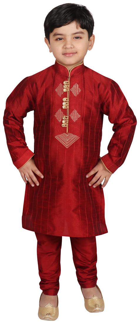 

SGYUVRAJ Boy Raw silk Self design Kurta pyjama set - Maroon