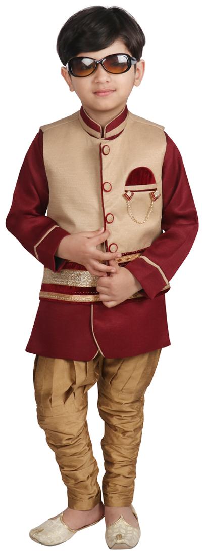 

SGYUVRAJ Boy Raw silk Solid Kurta pyjama set - Maroon