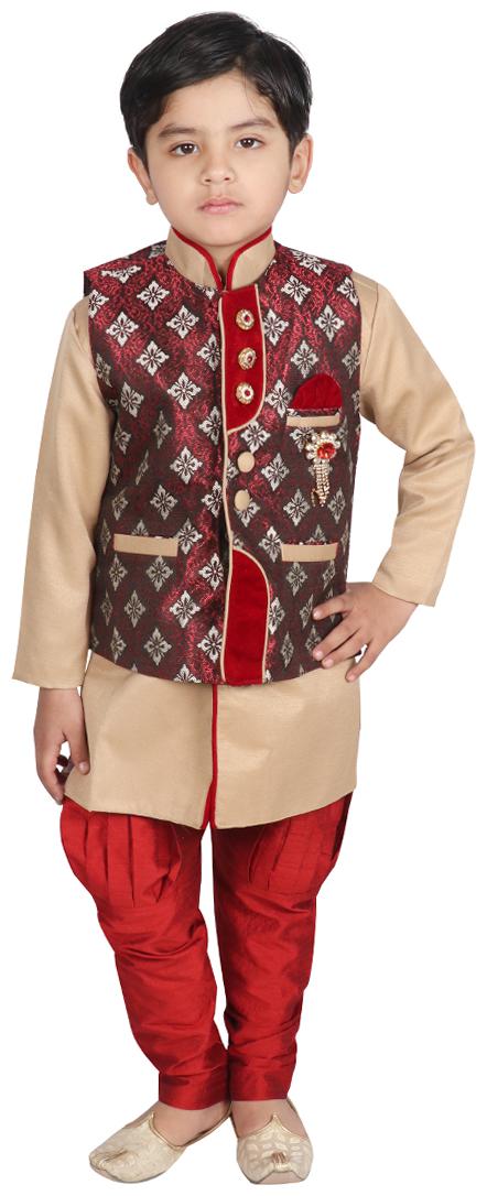 

SGYUVRAJ Boy Raw silk Printed Kurta pyjama set - Maroon