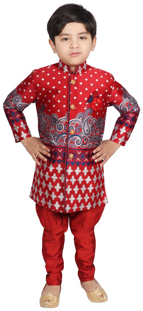 

SGYUVRAJ Boy Raw silk Printed Sherwani - Maroon