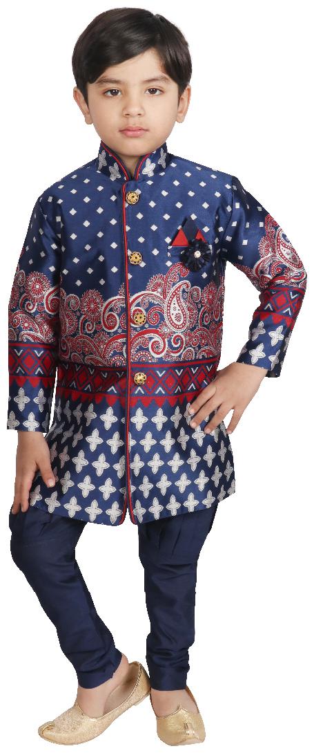 

SGYUVRAJ Boy Raw silk Printed Sherwani - Blue