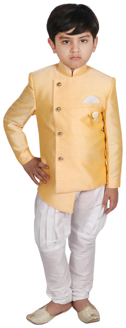 

SGYUVRAJ Boy Raw silk Solid Sherwani - Yellow