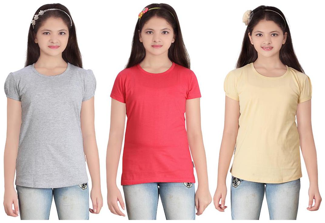 

Sinimini Girl Cotton Solid T shirt - Multi