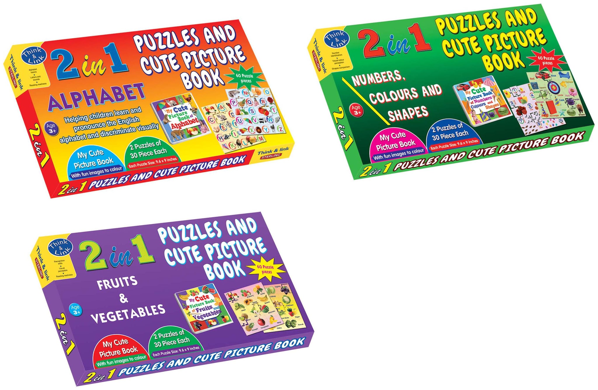 

Sterling 3 in 1 Combo Pack of Board Game-2 in 1 Puzzle- Alphabet Numbers Colours Shapes Fruits Vegetables