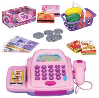 Supermarket Cash Register Scanner Play Set Item Shopping Cart With Vegetables, Cards And Cash For Kids