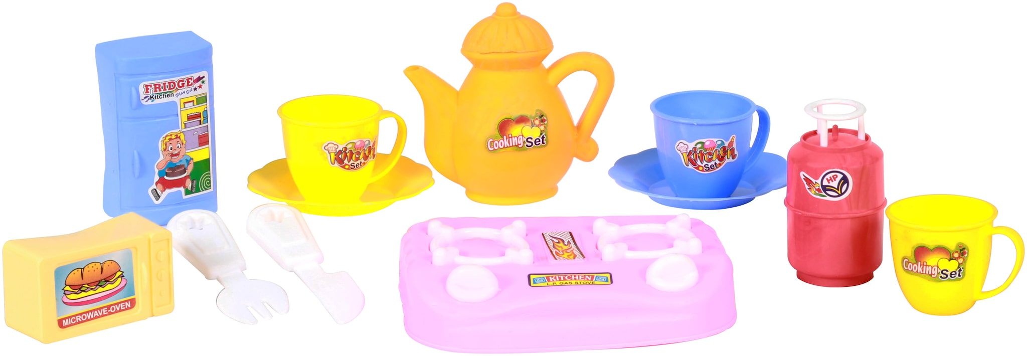 

SWEET PRINCESS KITCHEN set comes with 12 Pcs pretend kitchen utensils and equipments like Gas stove spoon refrigerator oven kettle cylinder frying pan plates and soccer etc