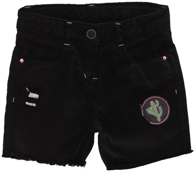 Tales & Stories Girl Cotton Solid Denim shorts - Black