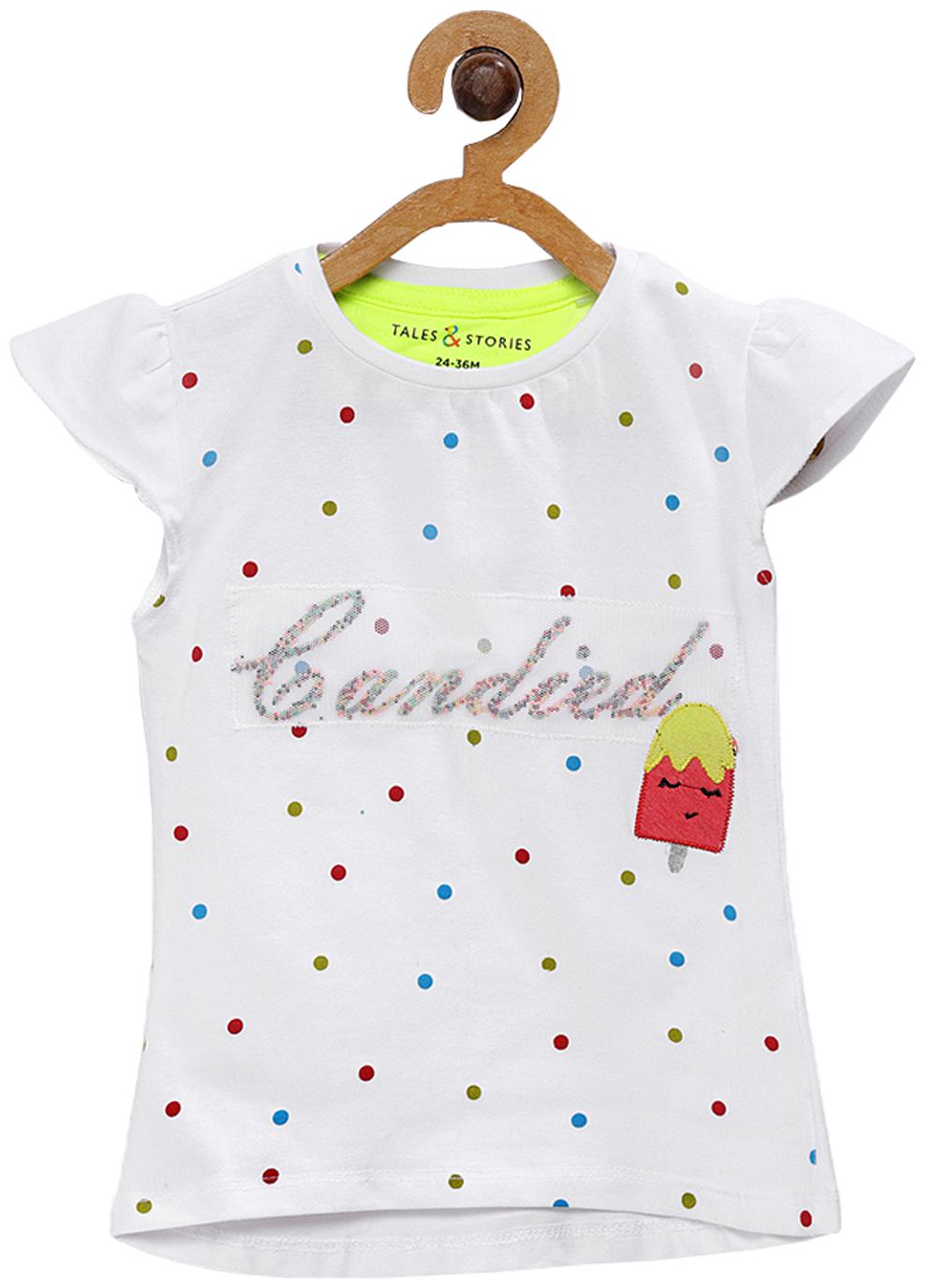 

Tales Stories Girl Cotton Polka dots T shirt - White