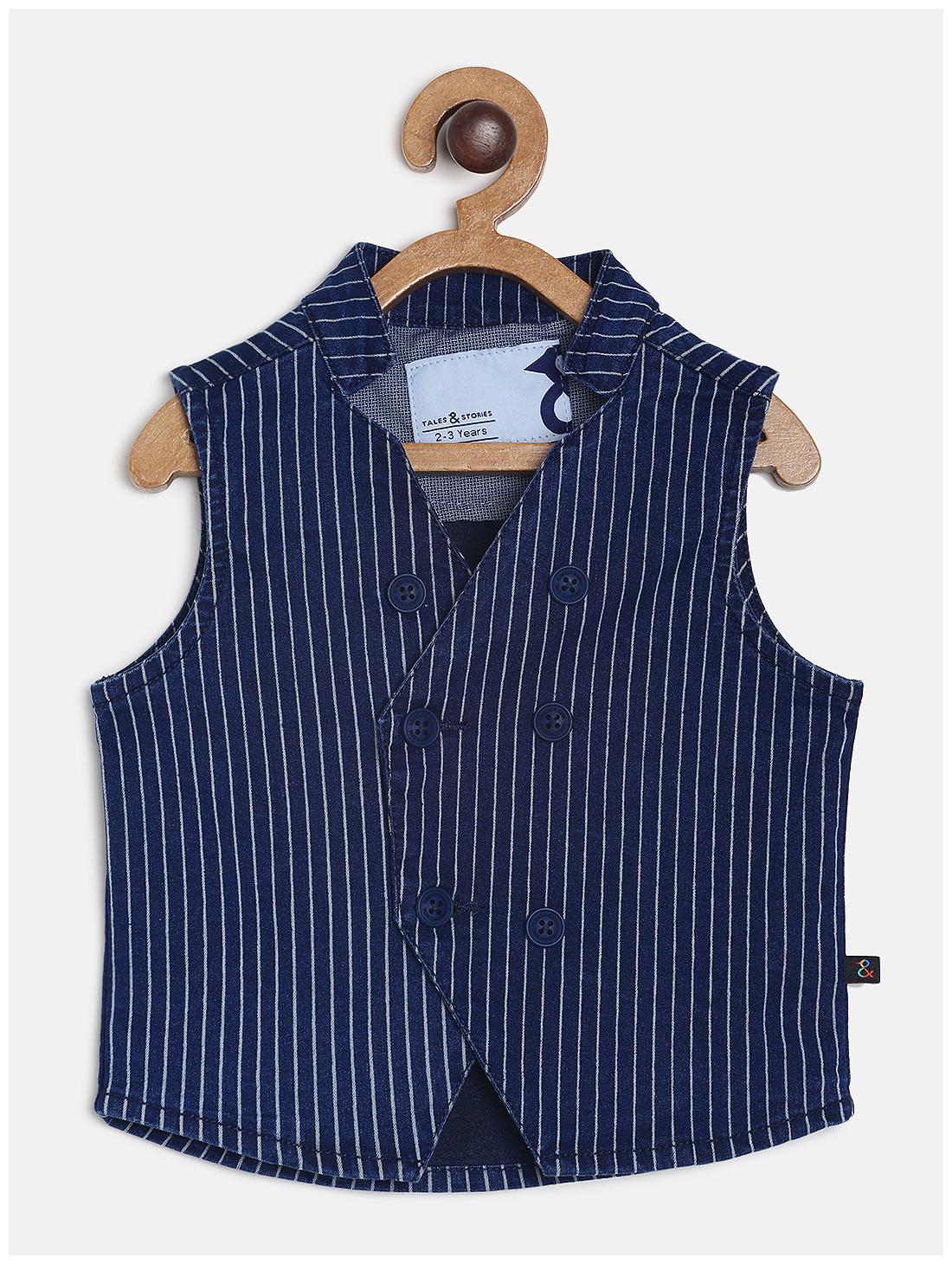 

Tales Stories Cotton Sleeveless Blue Striped Ethnic Jacket For Boys