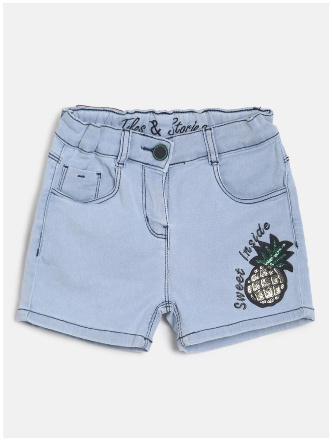 

Tales Stories Baby girl Denim Printed Shorts - Blue