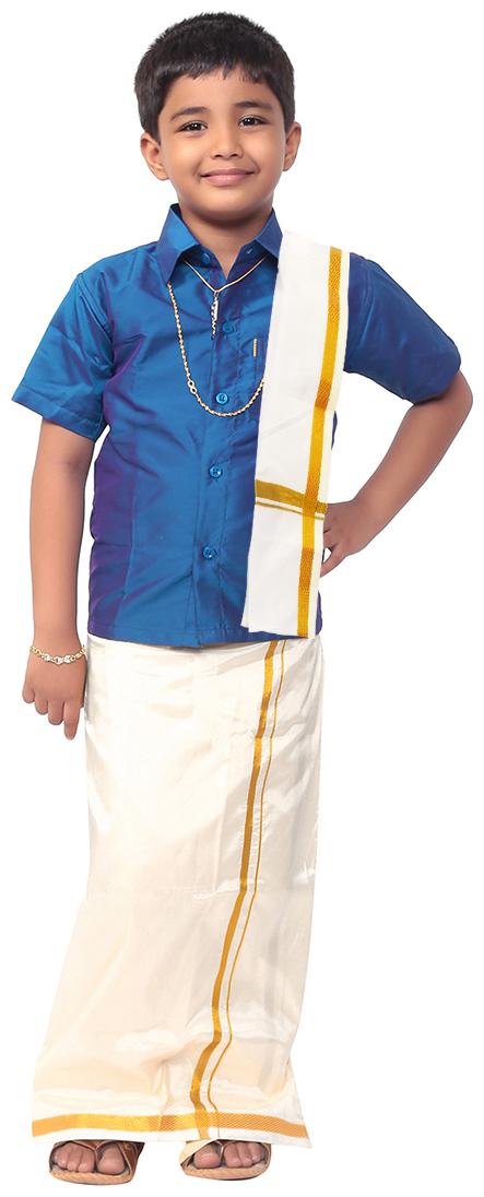 

THANGAMAGAN Boy Art silk Solid Dhoti - Blue
