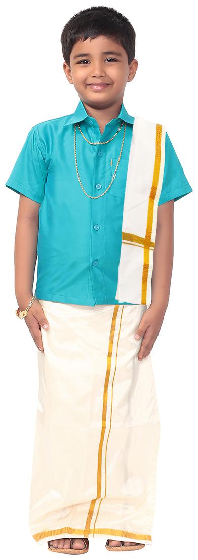 

THANGAMAGAN Boy Art silk Solid Dhoti - Blue