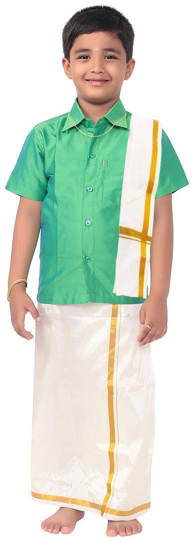THANGAMAGAN Boy Art silk Solid Dhoti - Green