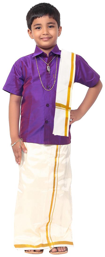 

THANGAMAGAN Boy Art silk Solid Dhoti - Purple