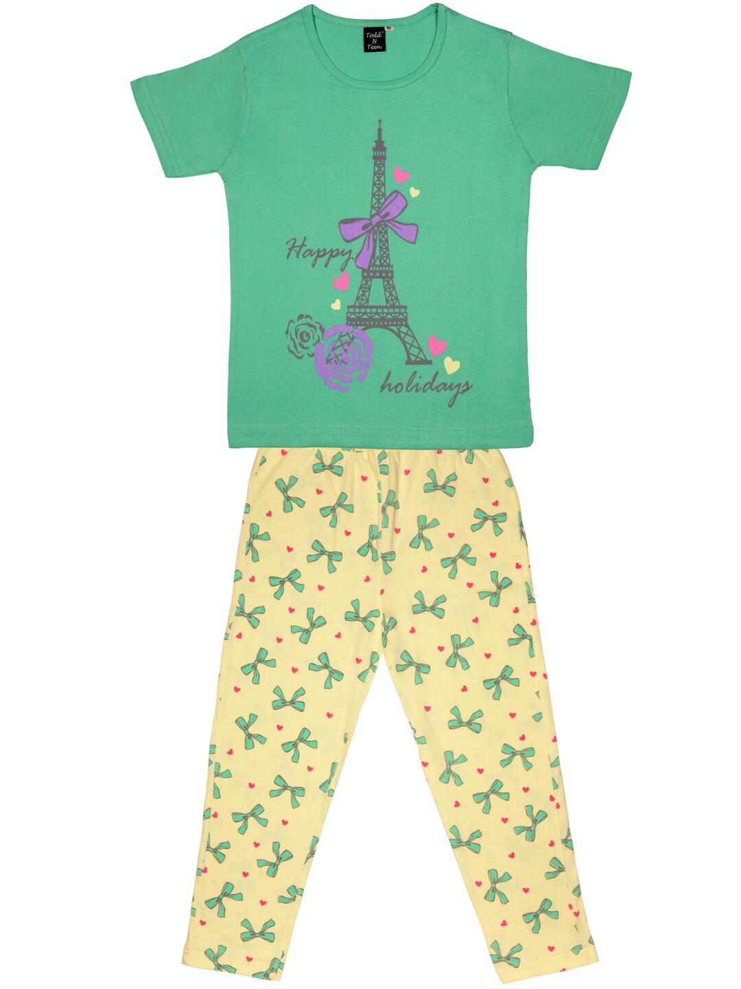 

Todd N Teen Girl Cotton Top Bottom Set - Green Yellow