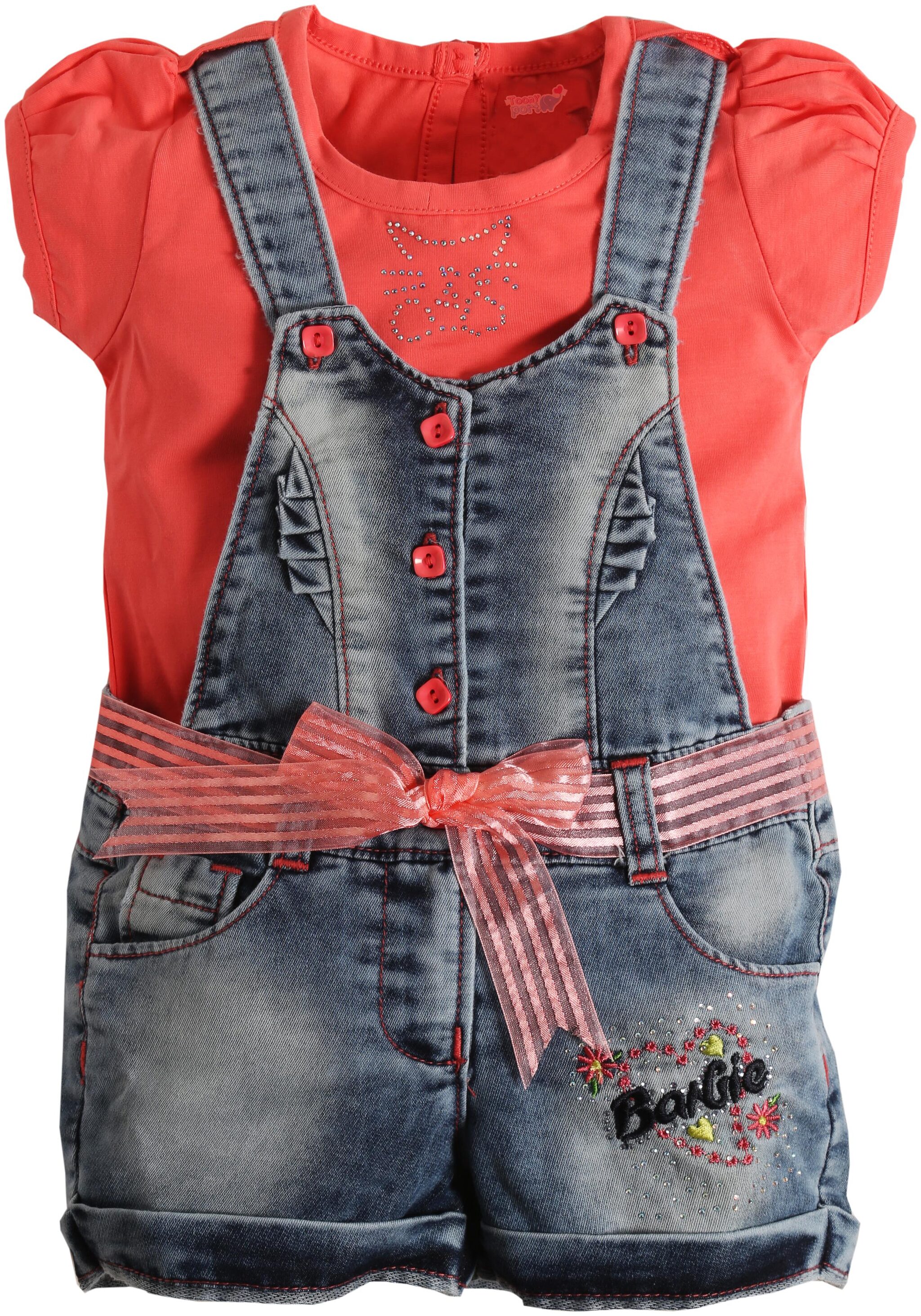 

TOONYPORT Barbie Print Round Neck Puff Sleeve T Shirt With Denim Dungree (Orange Blue)