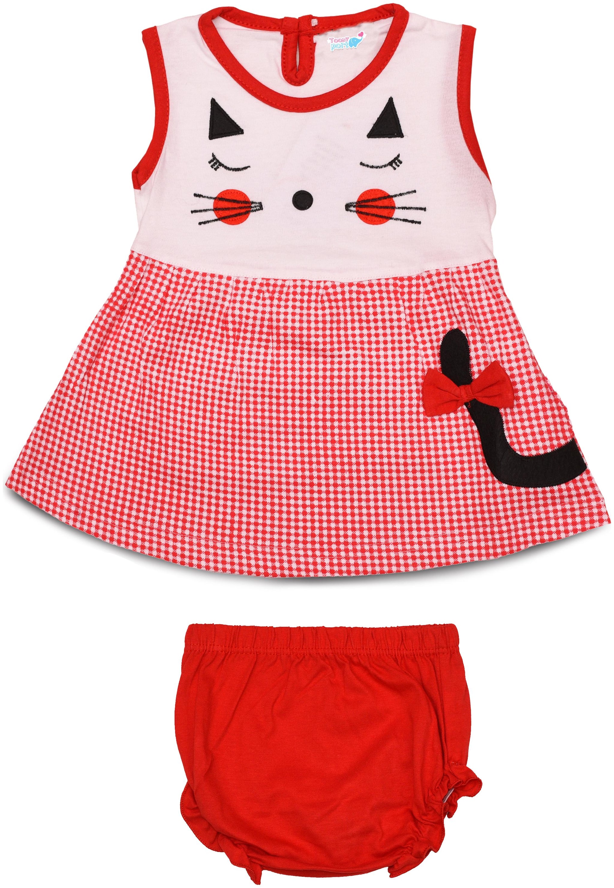 

TOONYPORT Baby girl Cotton blend Printed Frock with bloomer - Red