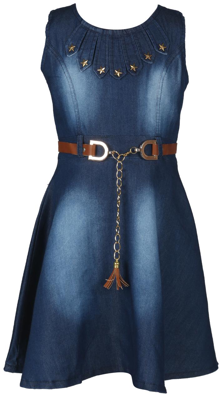 

TOONYPORT Denim Round Neck Sleeve Less Frock- Dark Blue